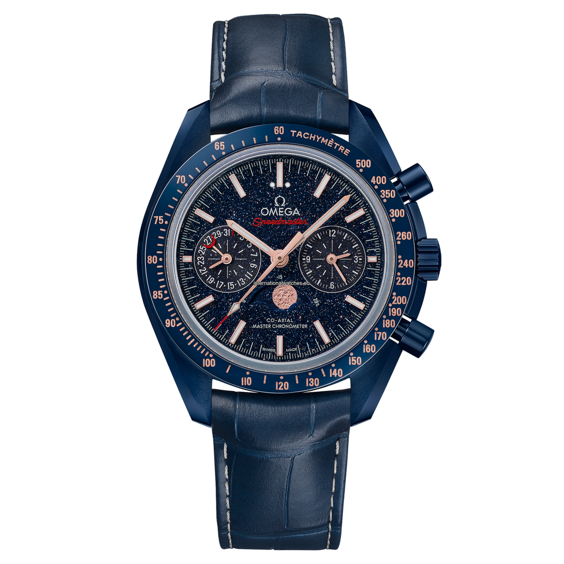 rec5QUhlV1qMHCfQz.png Blue Side Of The Moon Speedmaster Moonphase Two Counters 44.25 mm Blue Ceramic On Leather Strap - 304.93.44.52.03.002 Speedmaster Moonphase Co-Axial Master Chronometer Moonphase Chronograph 44.25 mm - Image 1