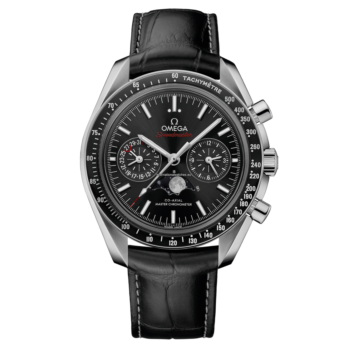Speedmaster Moonphase Two Counters 44.25mm Steel on Leather Strap Speedmaster Moonphase Co‑Axial Master Chronometer Moonphase Chronograph 44.25 mm