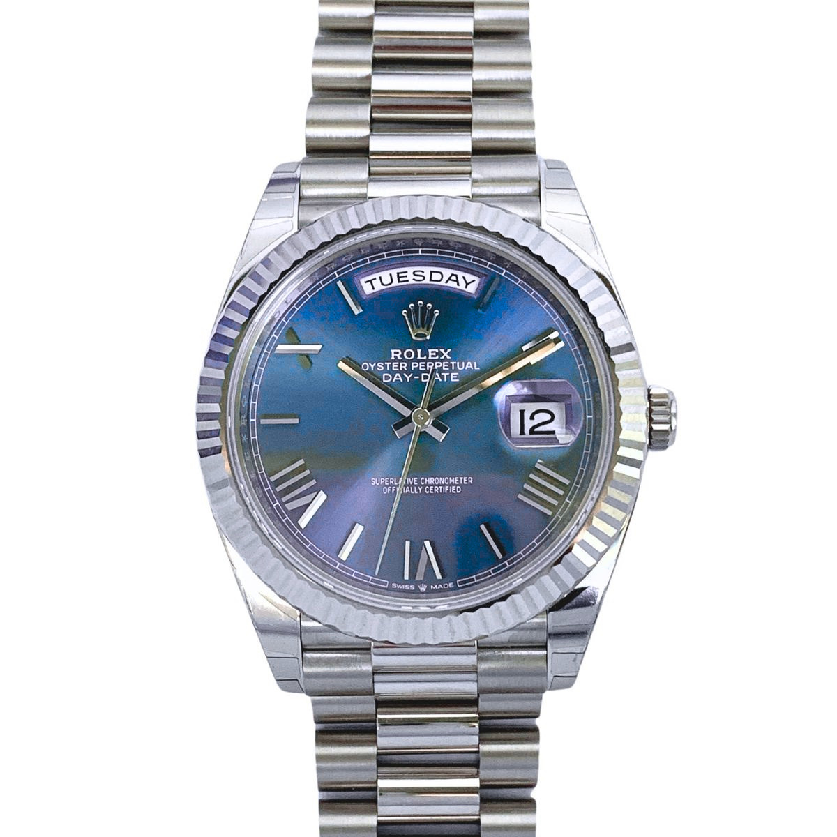 228239 Blue NEW Rolex Oyster Perpetual Day-Date 40 in 18 ct White Gold with Bright Blue Dial, Fluted Bezel and President Bracelet